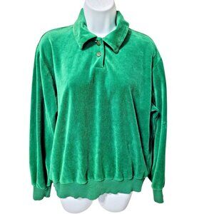 Vintage 70s 80s Green Velour Long Sleeve Collared 2 Button Polo Shirt Womens M